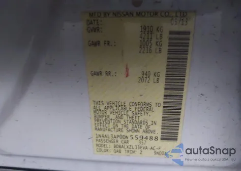 2013 Nissan Altima 2.5 Sl z USA, uszkodzony, nr VIN 1N4AL3AP0DN559488